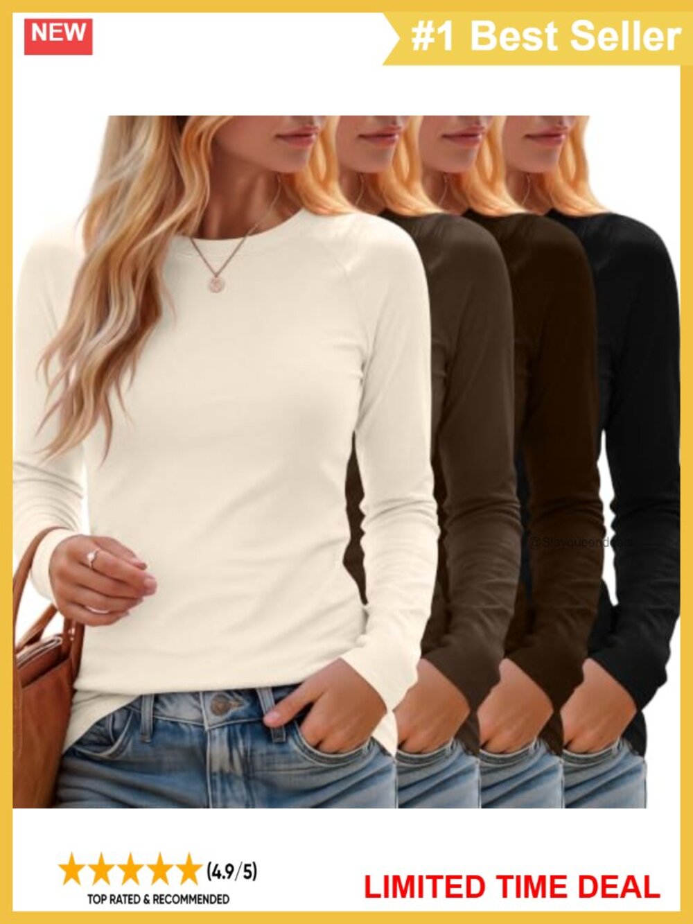 4 Pack Womens Long Sleeve Cotton Blend Slim Fit Crew Neck T-Shirts